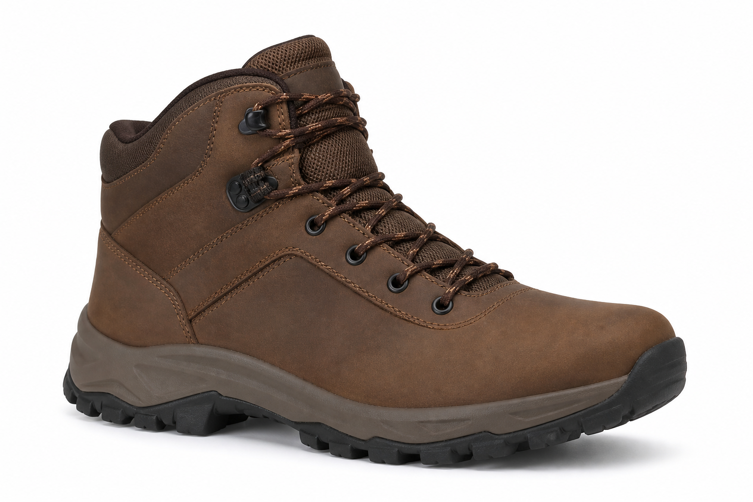 Brown waterproof mid-cut hiking boot with rugged sole